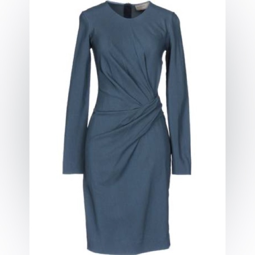 LANVIN / blue grey ruched long sleeve wool blend drape midi sheath dress 34 XS 2